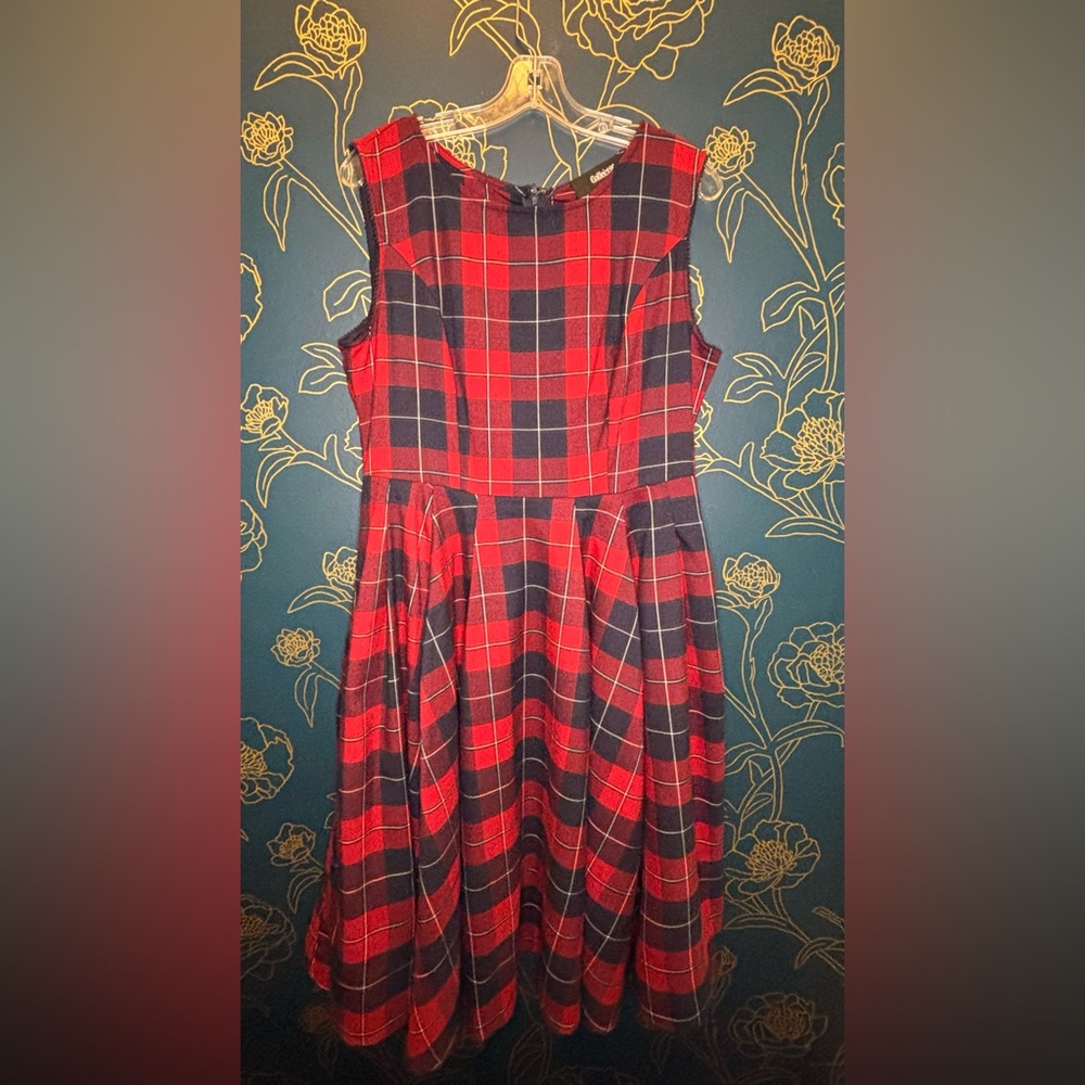 MODCLOTH x COLLECTIF 🇬🇧 collab PLAID sleeveless MIDI POCKETS large RED & NAVY